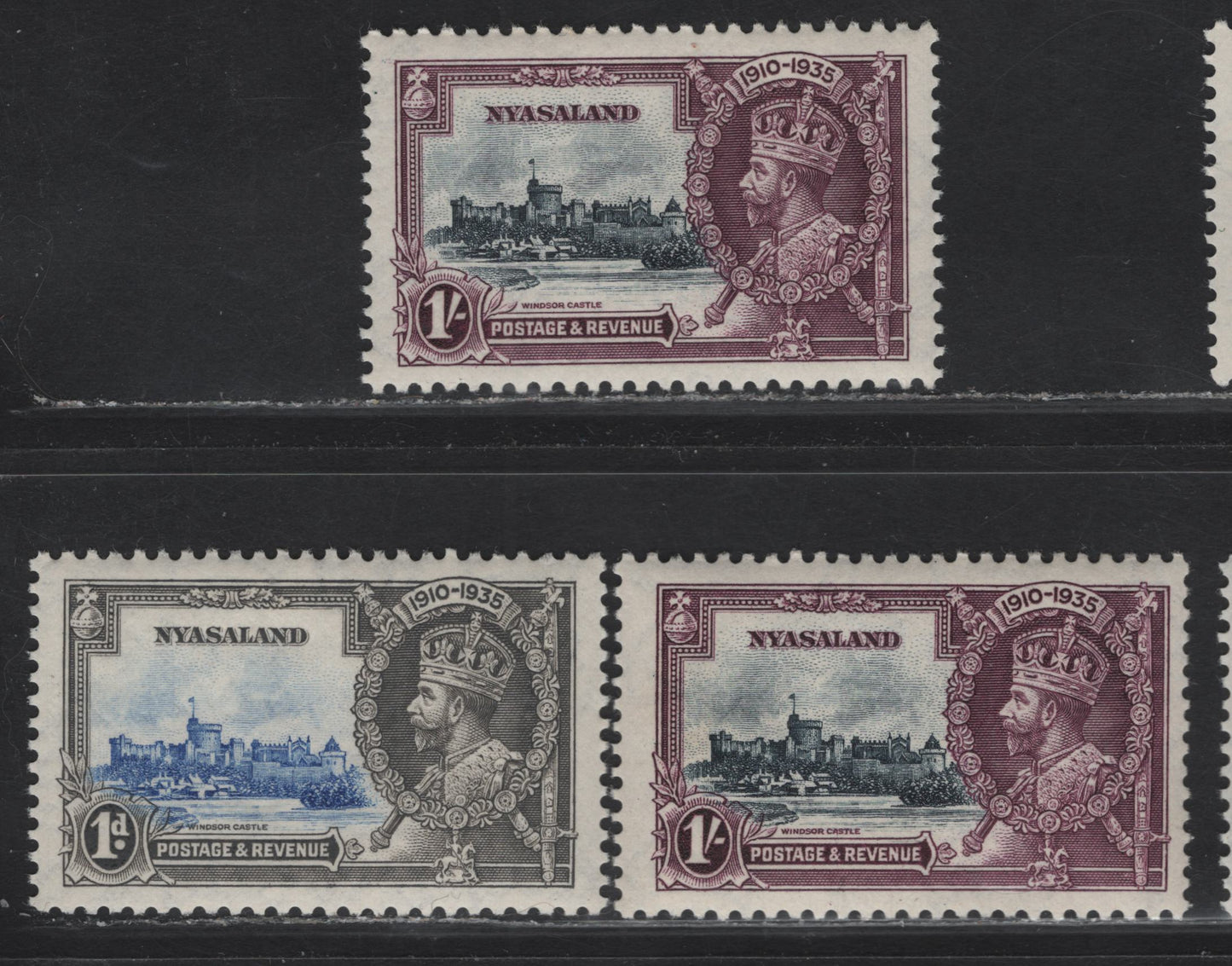 Lot 266 Nyasaland SG#123, 126 1d - 1/- Ultramarine & Gray - Slate & Purple KGV & Windsor Castle, 1935 Silver Jubilee Issue, 3 F/VFNH Singles, Two Different Shades Of 1/-