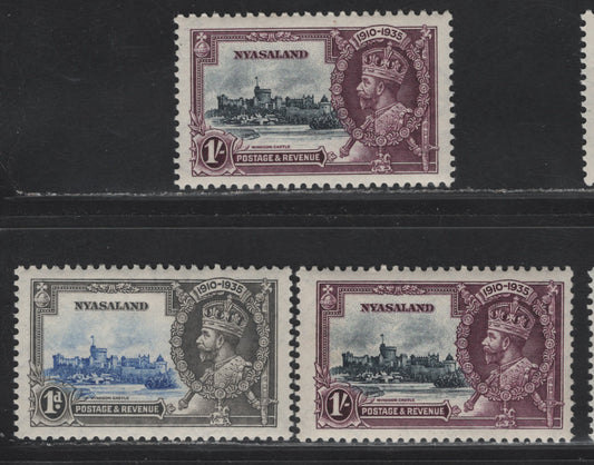 Lot 266 Nyasaland SG#123, 126 1d - 1/- Ultramarine & Gray - Slate & Purple KGV & Windsor Castle, 1935 Silver Jubilee Issue, 3 F/VFNH Singles, Two Different Shades Of 1/-