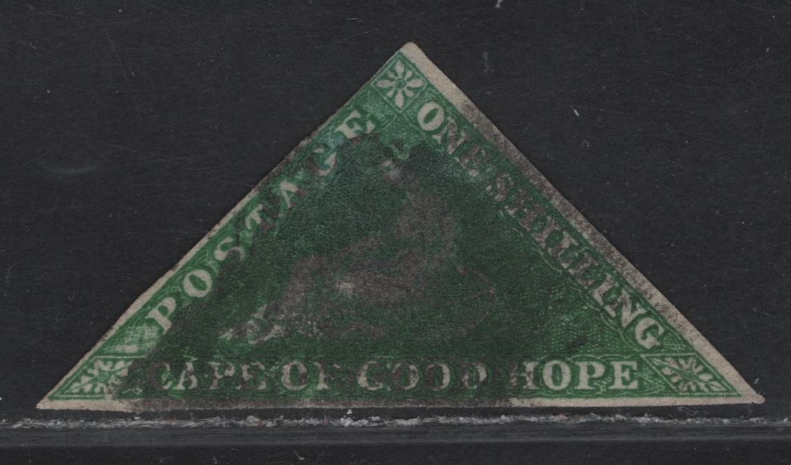 Lot 27 (C) Cape of Good Hope SG#8 1/- Bright Yellow Green on White Seated Hope, 1855-1863 Seated Hope Issue, A Very Good Used Single, Shallow Thin Below Pos of Postage, Margins Clear But Close