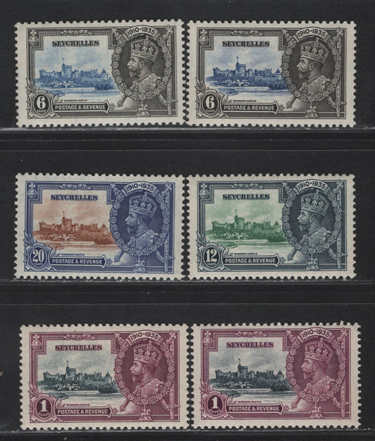 Lot 276 Seychelles SG#128-131 6c - 1r Ultramarine & Gray Black - Slate & Purple KGV & Windsor Castle, 1935 Silver Jubilee Issue, 6 VFNH Singles, Shade Lot, Showing Two Different Shades Of 6c & 1r