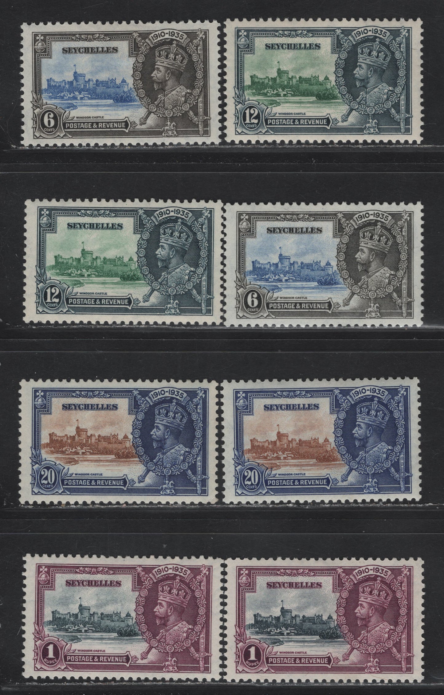 Lot 278 Seychelles SG#128-131 6c - 1r Ultramarine & Gray Black - Slate & Purple KGV & Windsor Castle, 1935 Silver Jubilee Issue, 8 VFOG Singles, Shade Lot Showing The Different Frame & Vignette Shades That Occur On These Stamps