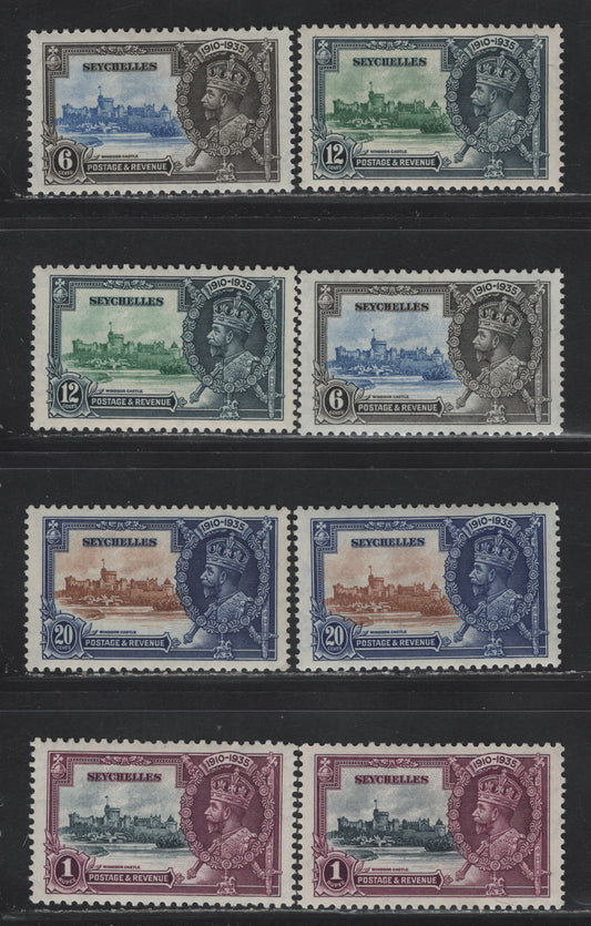 Lot 278 Seychelles SG#128-131 6c - 1r Ultramarine & Gray Black - Slate & Purple KGV & Windsor Castle, 1935 Silver Jubilee Issue, 8 VFOG Singles, Shade Lot Showing The Different Frame & Vignette Shades That Occur On These Stamps