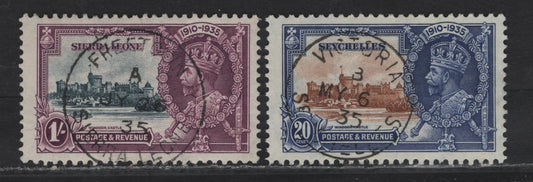 Lot 280 Seychelles SG#130-131 20c - 1r Yellow Brown & Deep Blue - Slate & Purple KGV & Windsor Castle, 1935 Silver Jubilee Issue, 2 Very Fine Used Singles, SON Used Examples With Victoria & Freetown CDS Cancels