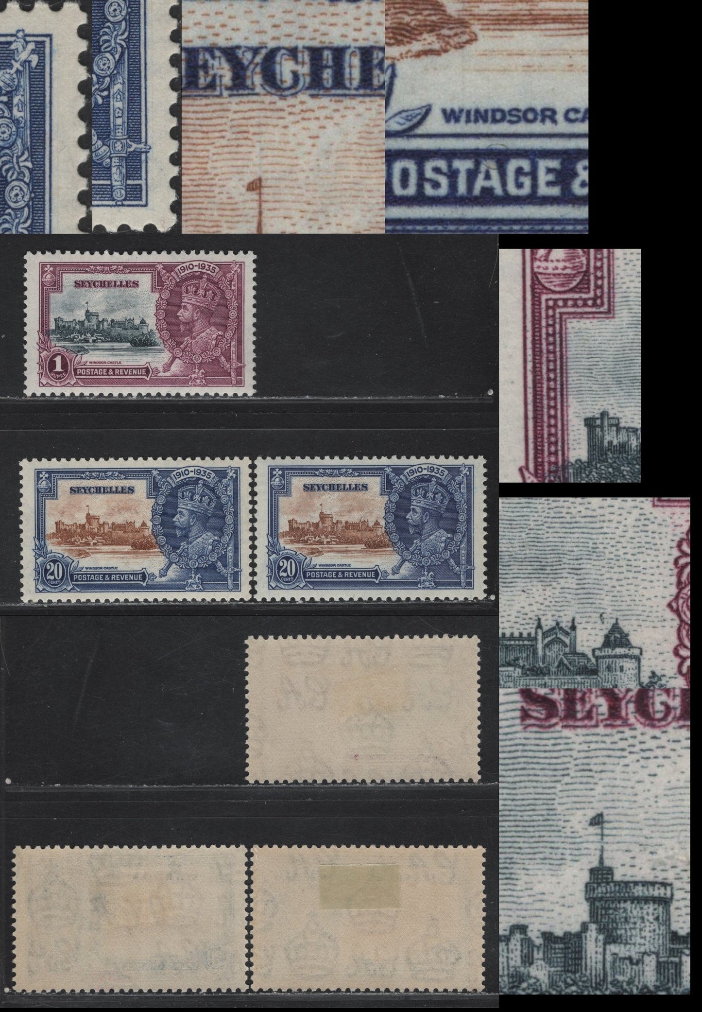 Lot 282 Seychelles SG#130-131 20c - 1r Yellow Brown & Deep Blue - Slate & Purple KGV & Windsor Castle, 1935 Silver Jubilee Issue, 3 VFOG Singles, Showing Hairline Plate Cracks & Lake Between Curfew Tower & Chapel