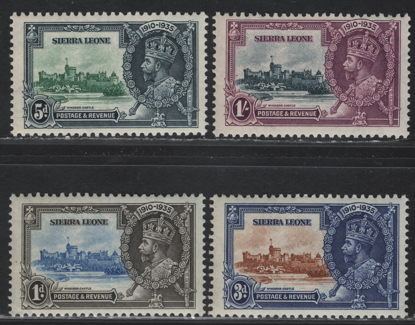 Lot 284 (C) Sierra Leone SG#181-184 1d - 1/- Ultramarine & Gray Black - Slate & Purple KGV & Windsor Castle, 1935 Silver Jubilee Issue, 4 F/VFNH Singles