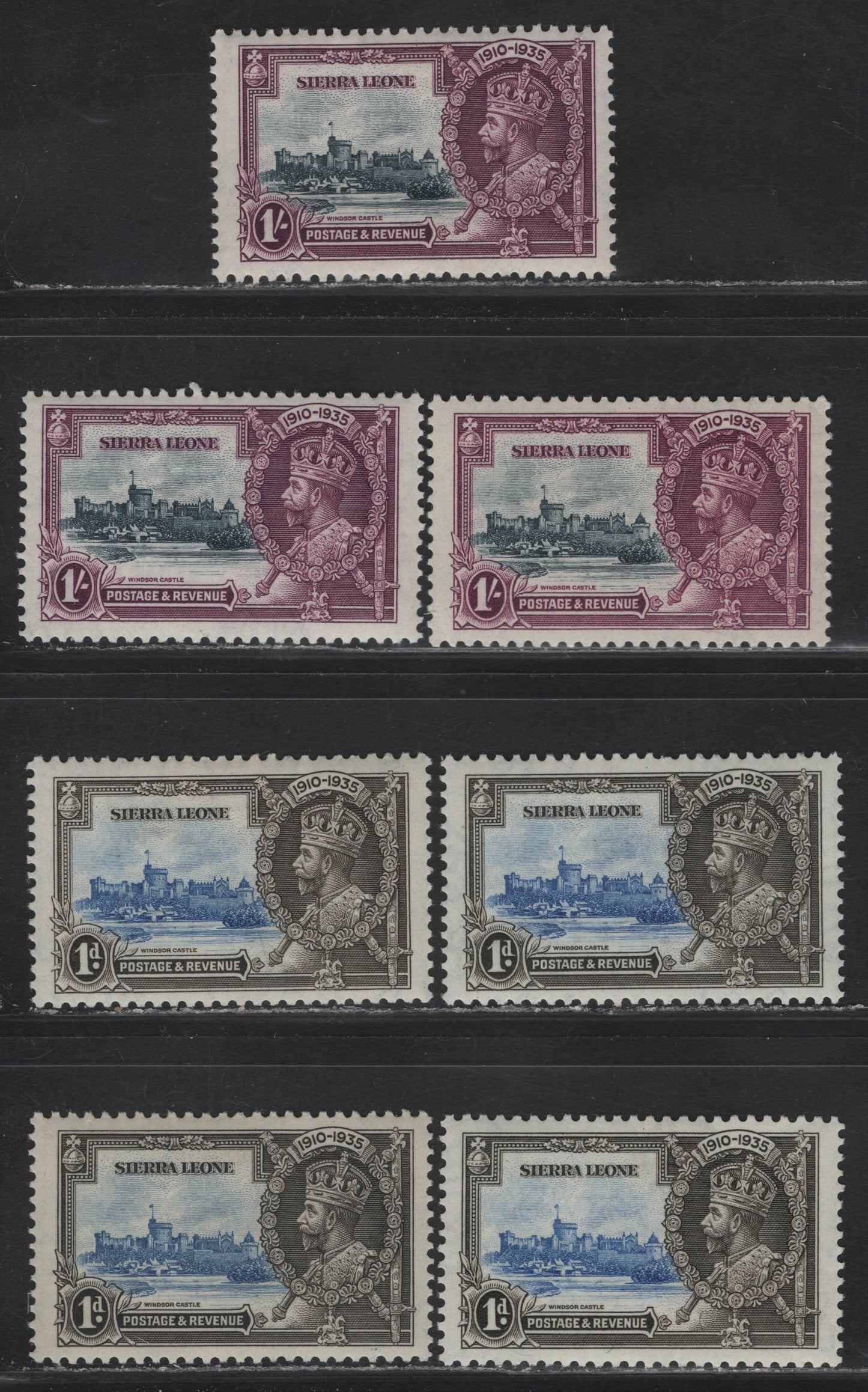 Lot 286 Sierra Leone SG#181, 184 1d - 1/- Ultramarine & Gray Black - Slate & Purple KGV & Windsor Castle, 1935 Silver Jubilee Issue, 7 F/VFOG Singles, Shade Lot Showing The Variations That Occur in The Frame Plate & Vignette Plate Colors