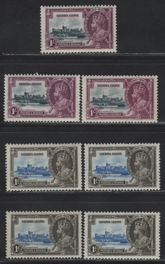 Lot 286 Sierra Leone SG#181, 184 1d - 1/- Ultramarine & Gray Black - Slate & Purple KGV & Windsor Castle, 1935 Silver Jubilee Issue, 7 F/VFOG Singles, Shade Lot Showing The Variations That Occur in The Frame Plate & Vignette Plate Colors