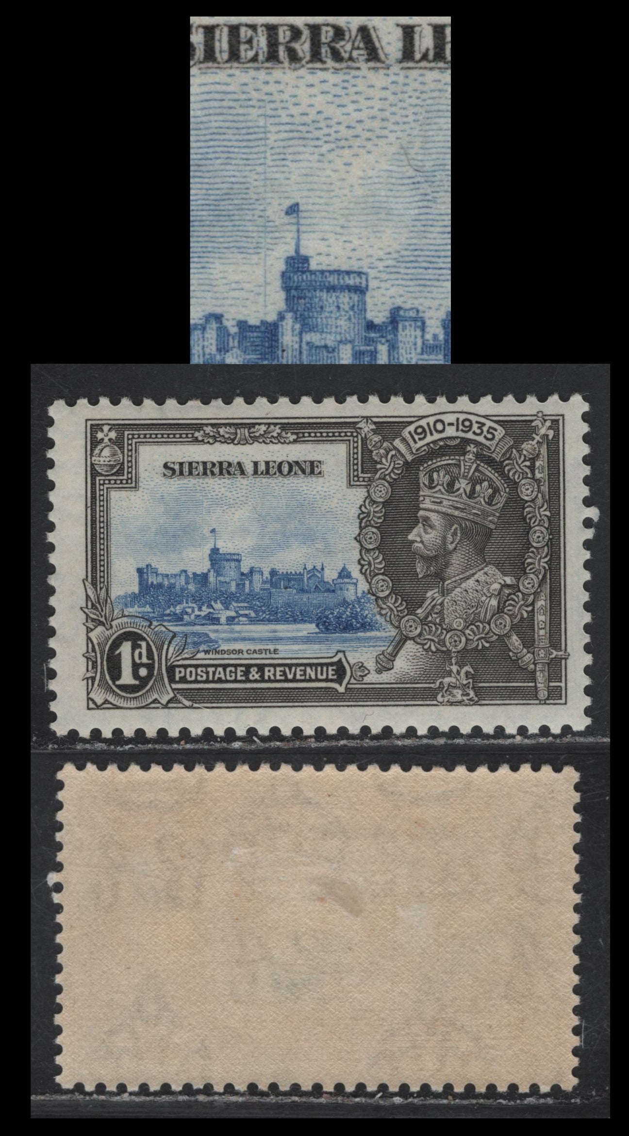 Lot 288 Sierra Leone SG#181var 1d Ultramarine & Gray Black KGV & Windsor Castle, 1935 Silver Jubilee Issue, A FOG Single, Extra Flagstaff Through State Apartments