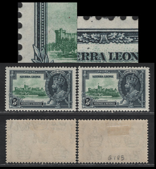 Lot 291 Sierra Leone SG#183var 5d Green & Indigo KGV & Windsor Castle, 1935 Silver Jubilee Issue, 2 VFOG Singles, Potentially Constant Varieties Involving The Vignette Plate