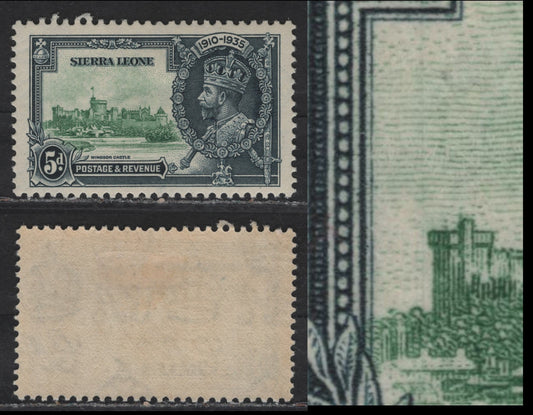 Lot 292 Sierra Leone SG#183var 5d Green & Indigo KGV & Windsor Castle, 1935 Silver Jubilee Issue, A VFOG Single, Partially Erased Vertical Hairline Through The Design To The Left Of Brunswick Tower