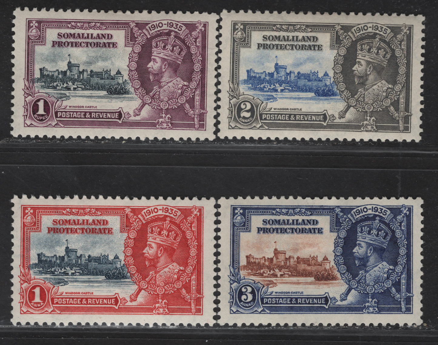 Lot 296 Somaliland Protectorate SG#86-89 1a - 1r Deep Blue & Scarlet - Slate & Purple KGV & Windsor Castle, 1935 Silver Jubilee Issue, 4 VFOG Singles