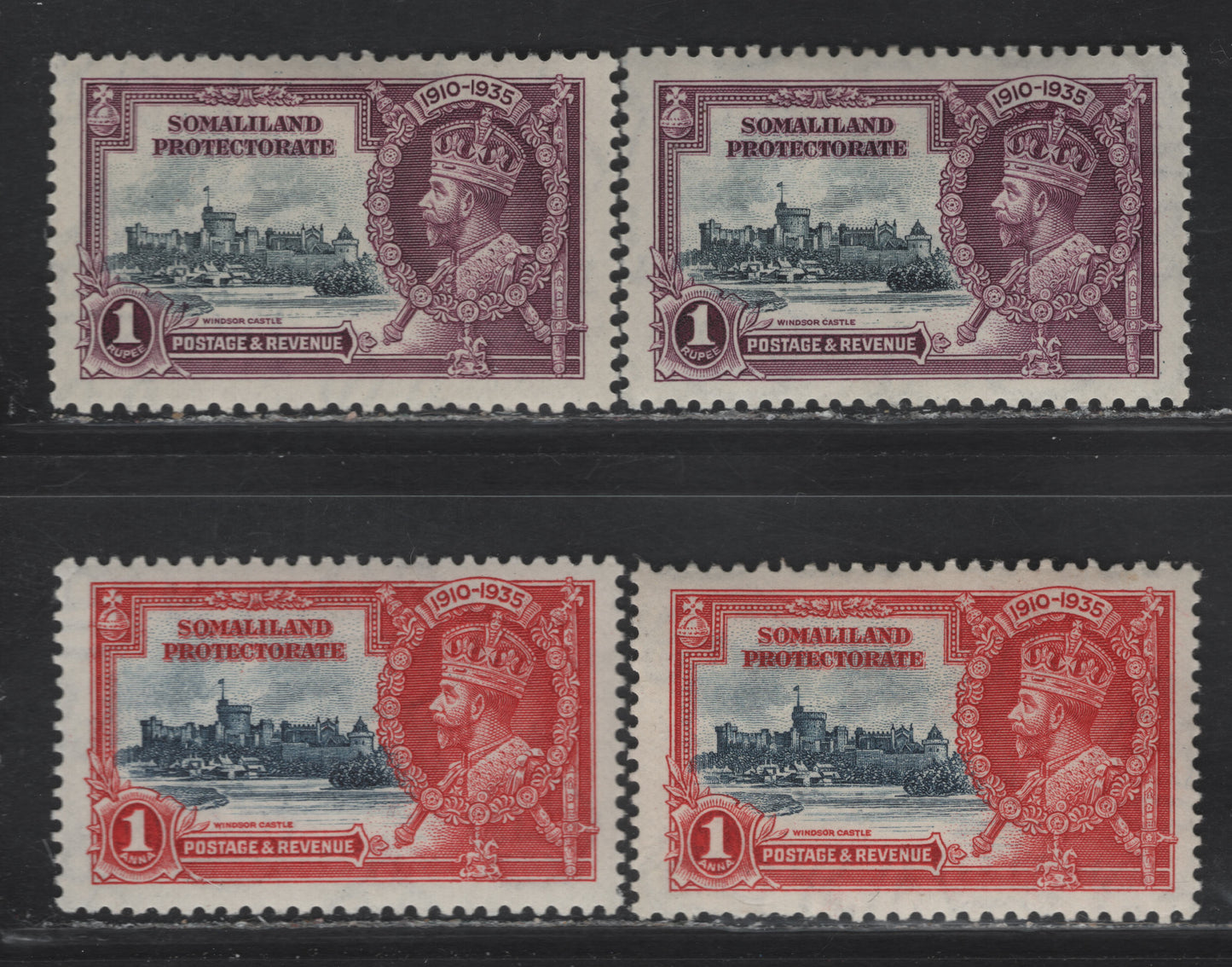 Lot 297 Somaliland Protectorate SG#86, 89 1a & 1r Deep Blue & Scarlet - Slate & Purple KGV & Windsor Castle, 1935 Silver Jubilee Issue, 4 VFOG Singles, Shade Group Consisting Of Two Examples Of Each Value