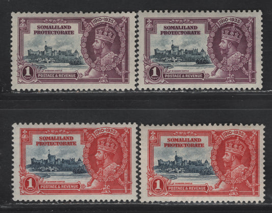 Lot 297 Somaliland Protectorate SG#86, 89 1a & 1r Deep Blue & Scarlet - Slate & Purple KGV & Windsor Castle, 1935 Silver Jubilee Issue, 4 VFOG Singles, Shade Group Consisting Of Two Examples Of Each Value