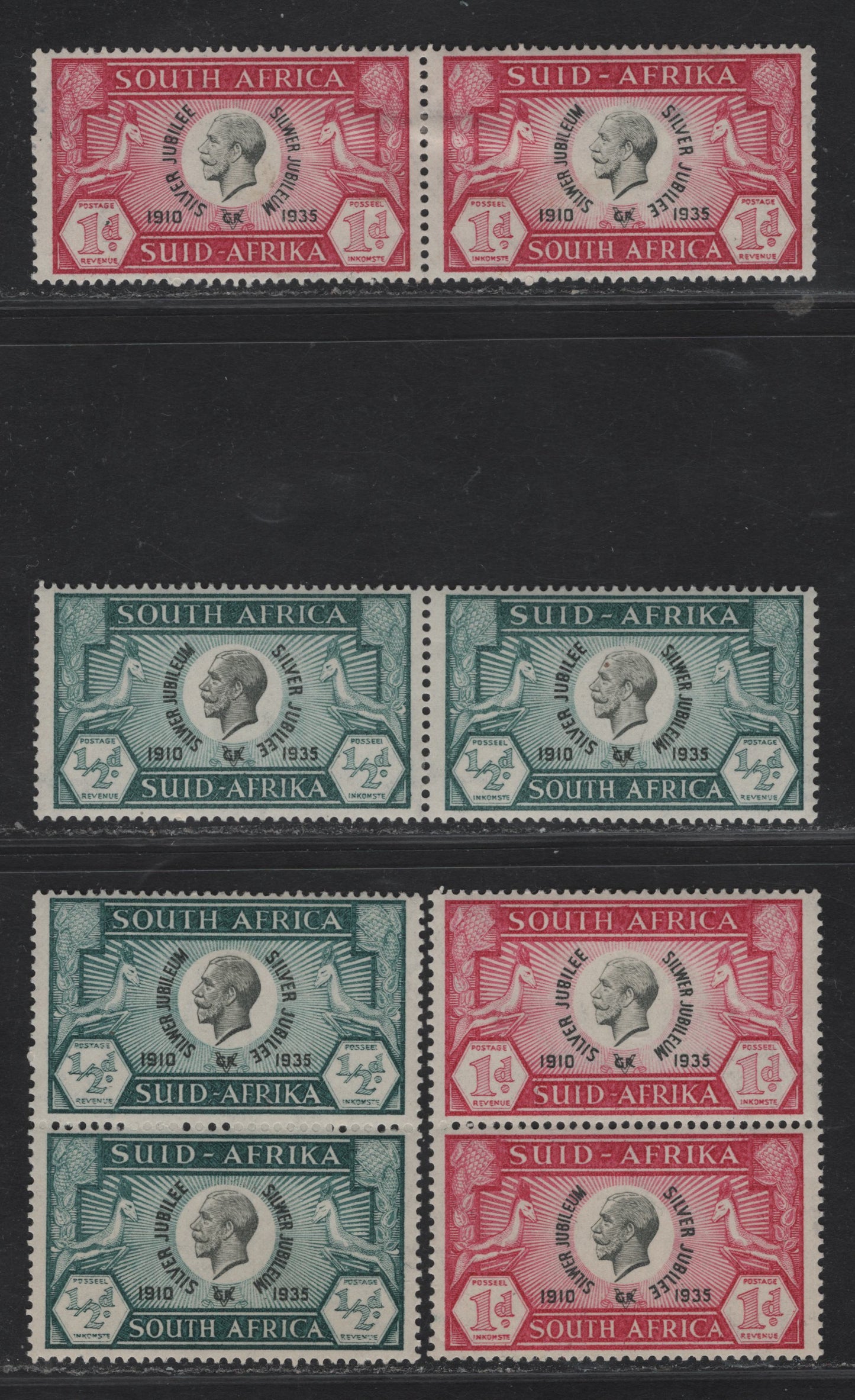 Lot 304 South Africa (C) SG#65, 66 1/2d - 1d Black & Blue Green - Black & Carmine King George V, 1935 Silver Jubilee Issue, 4 VFOG Pairs, Horizontal & Vertical Pairs