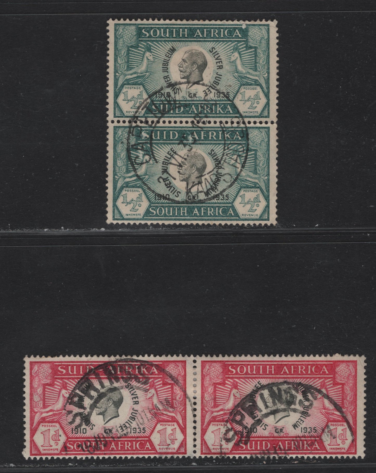 Lot 305 South Africa (C) SG#65, 66 1/2d - 1d Black & Blue Green - Black & Carmine King George V, 1935 Silver Jubilee Issue, 2 Fine/Very Fine Used Pairs