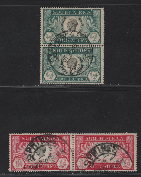 Lot 305 South Africa (C) SG#65, 66 1/2d - 1d Black & Blue Green - Black & Carmine King George V, 1935 Silver Jubilee Issue, 2 Fine/Very Fine Used Pairs