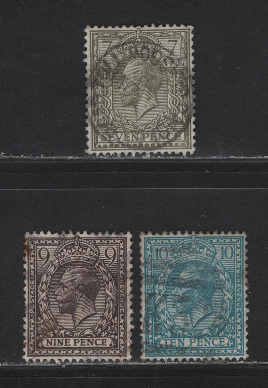 Lot 310 Great Britain SG#387, 392, 394 7d - 10d Olive - Turquoise Blue King George V, 1912-1914 KGV Profile Heads Issue, 3 Very Fine Used Singles, Royal Cypher Wmk