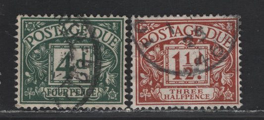 Lot 312 Great Britain (C) SG#D12, D15 1.5d - 4d Chestnut - Dull Gray Green Numerals, 1924-1931 Postage Dues, 2 Very Fine Used Singles, Block Cypher Wmk