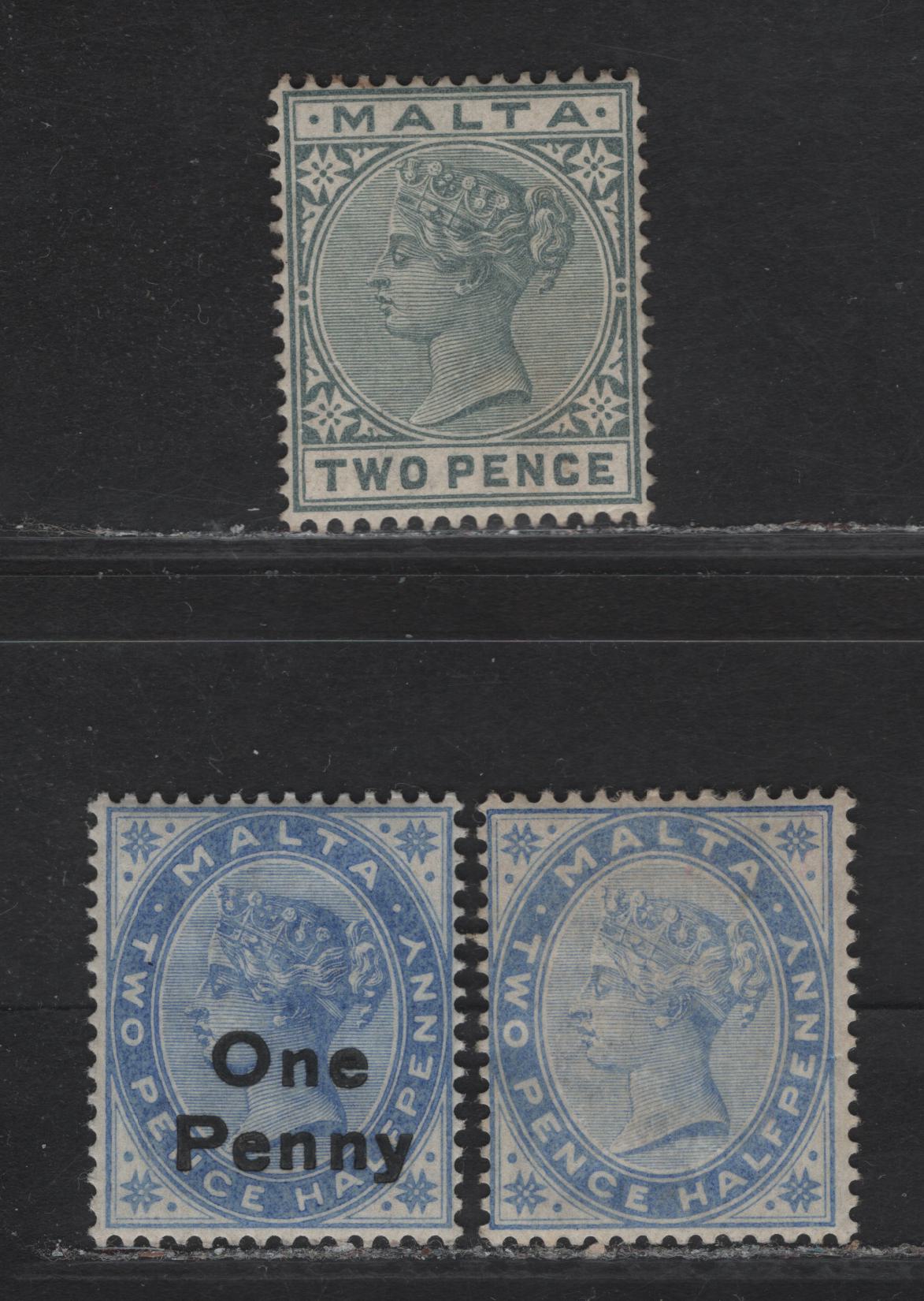 Lot 314 Malta (C) SG#23-24, 36 2d - 1d on 2.5d Gray - Dull Blue Queen Victoria, 1885-1902 Queen Victoria Issue, 3 F/VFOG Singles, Crown CA Wmk