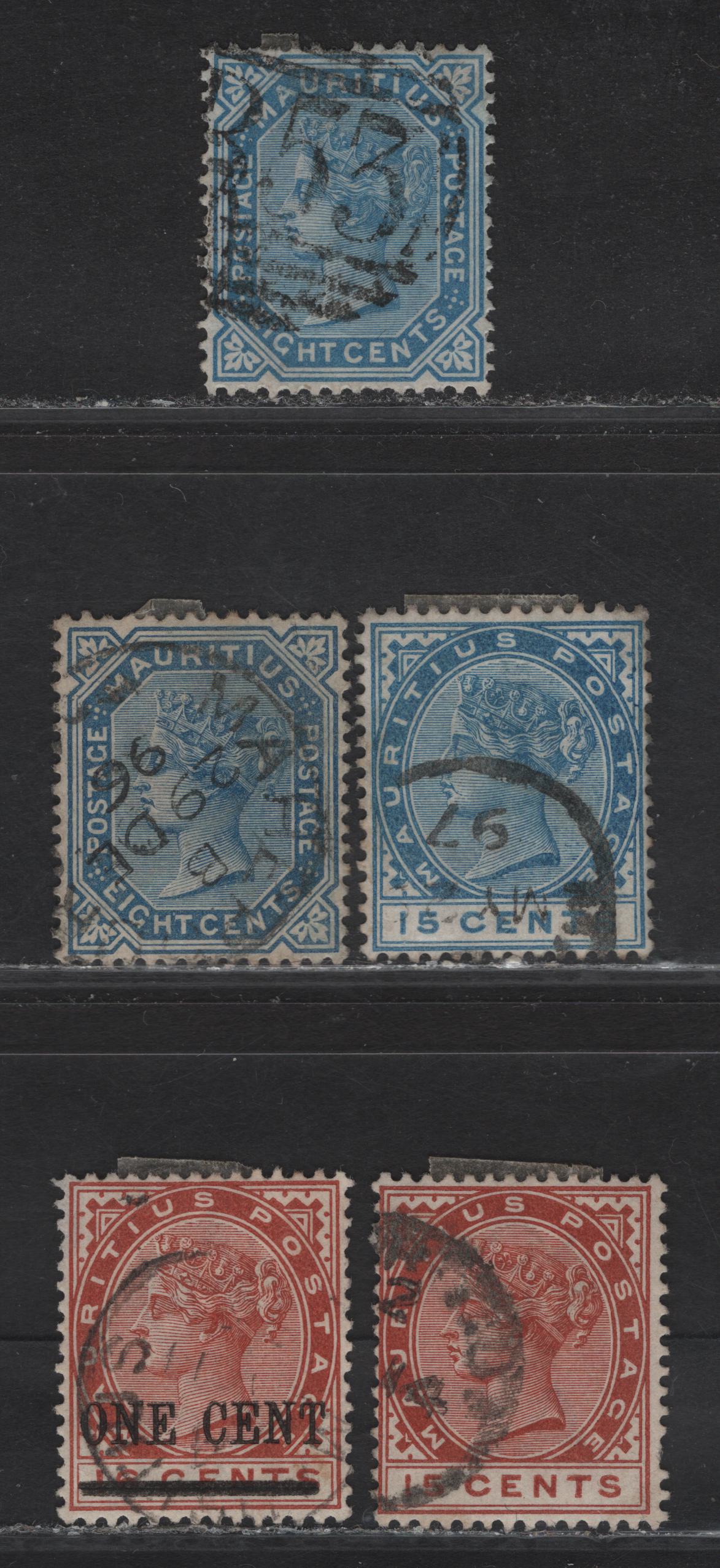 Lot 315 Mauritius (C) SG#94, 106-108, 124 8c - 1c on 16c Blue - Chestnut Queen Victoria, 1879-1893 Queen Victoria Keyplates Issue, 5 Fine/Very Fine Used Singles, Crown CC & CA Wmks