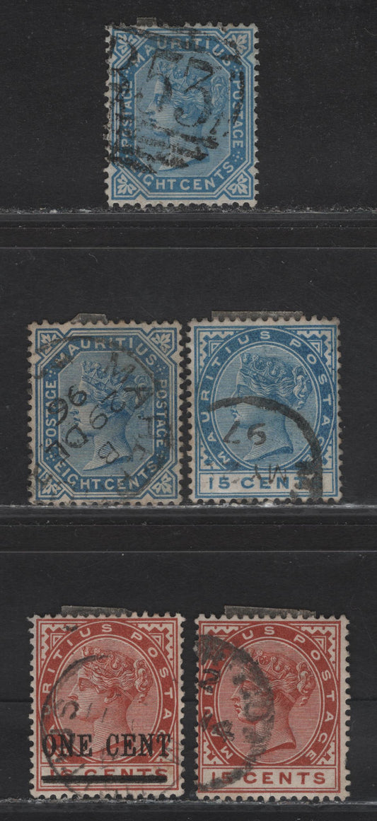 Lot 315 Mauritius (C) SG#94, 106-108, 124 8c - 1c on 16c Blue - Chestnut Queen Victoria, 1879-1893 Queen Victoria Keyplates Issue, 5 Fine/Very Fine Used Singles, Crown CC & CA Wmks