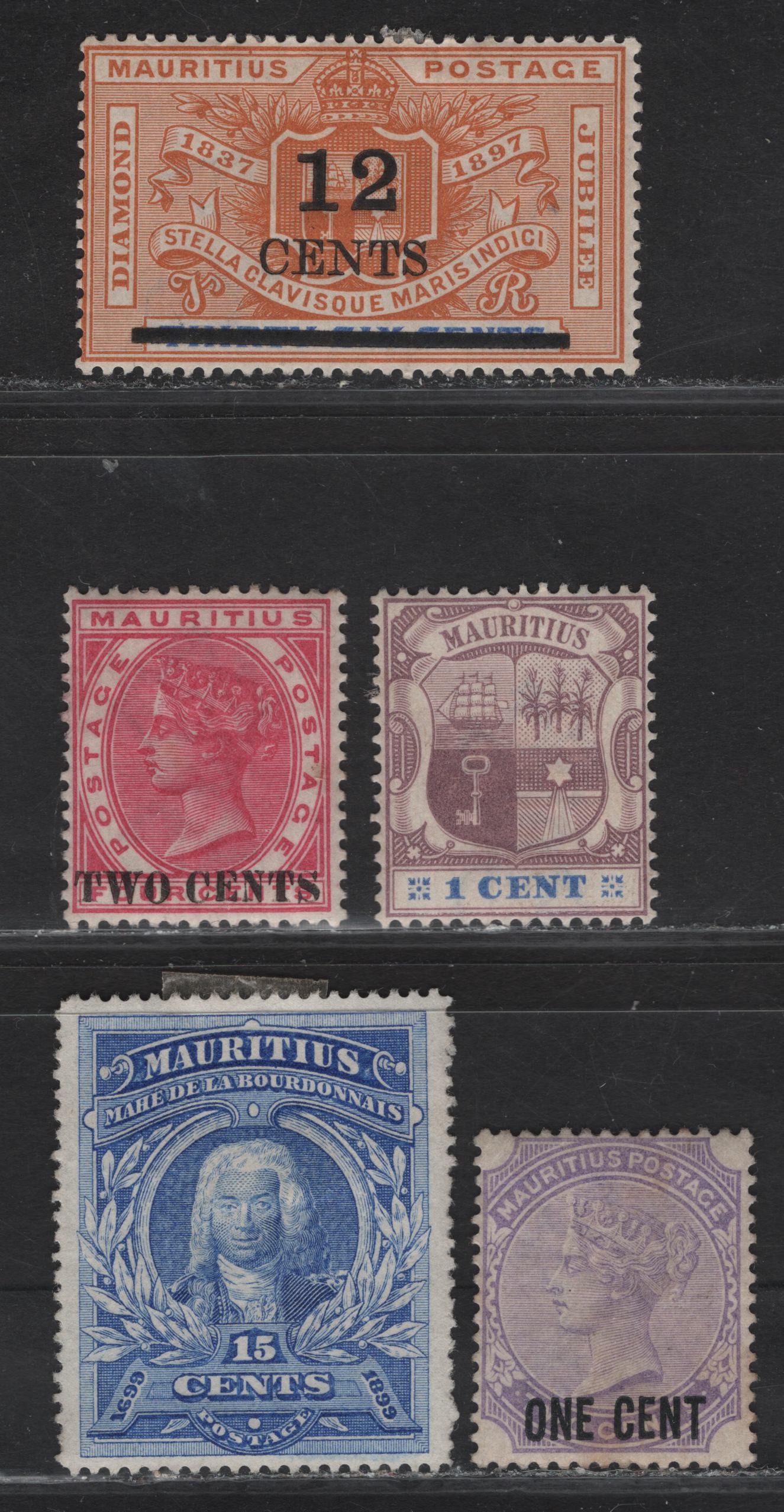 Lot 316 Mauritius (C) SG#123, 118, 127, 136, 163 1c on 2c - 12c on 36c Pale Violet - Orange & Ultramarine Arms - La Bourdonnais, 1891-1902 Surcharges, Arms & la Bourdonnais Issues, 5 F/VFOG Singles, La Bourdonnais Issue Has No Gum