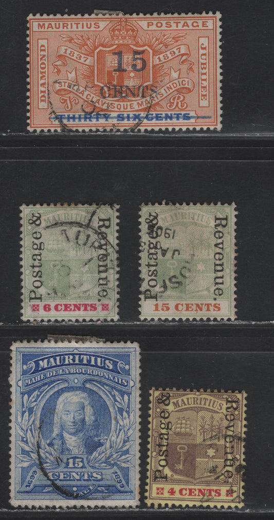 Lot 317 Mauritius (C) SG#135-136, 157-159 15c on 36c - 15c Orange & Ultramarine - Green & Orange Arms, 1899-1902 Surcharges - Postage & Revenue Overprinted Issues, 5 Fine/Very Fine Used Singles