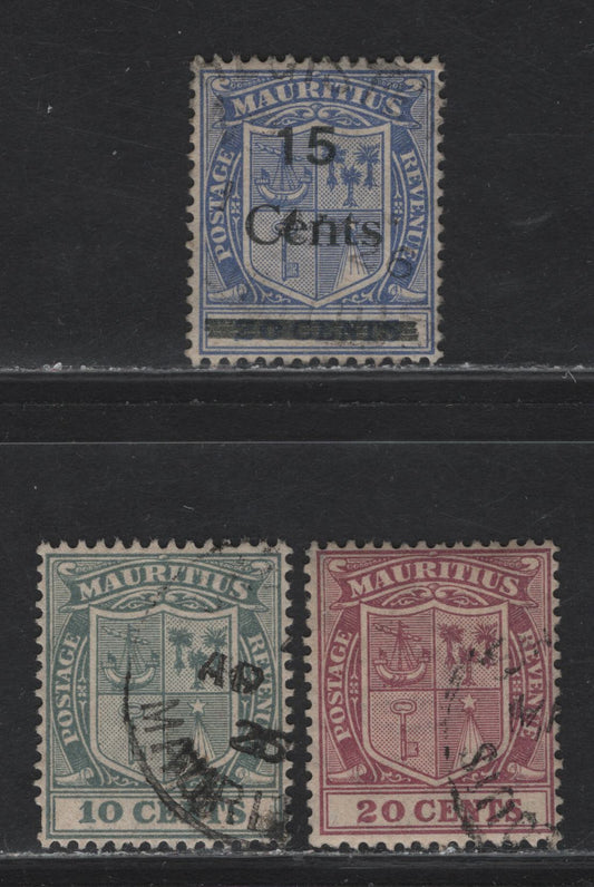 Lot 319 Mauritius (C) SG#215, 221, 244 10c - 15c on 20c Gray - Blue Arms, 1921-1926 Arms Issue, 3 Very Fine Used Singles, Script CA Wmk