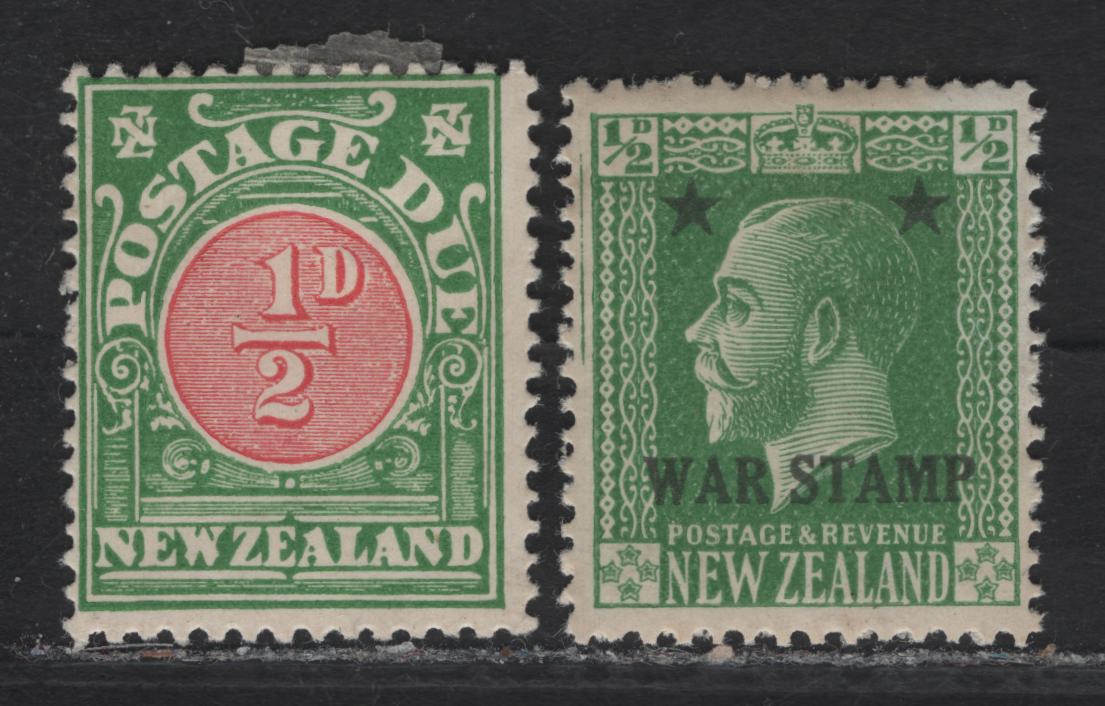 Lot 322 New Zealand (C) SG#452, D27 1/2d Yellow Green - Yellow & Carmine Numeral - King George V, 1915-1925 War Tax - Postage Dues, 2 FOG/VFNH Singles
