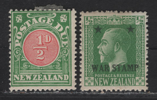 Lot 322 New Zealand (C) SG#452, D27 1/2d Yellow Green - Yellow & Carmine Numeral - King George V, 1915-1925 War Tax - Postage Dues, 2 FOG/VFNH Singles