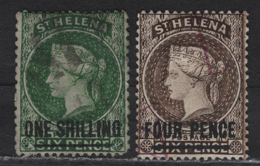 Lot 323 St Helena (C) SG#26, 43 1/- - 4d Green - Sepia Brown Queen Victoria, 1864-1894 Queen Victoria Courbould Head Issue, 2 Fine/Very Fine Used Singles, Crown CC & CA Wmks, Words Of Surcharge 16.5mm wide