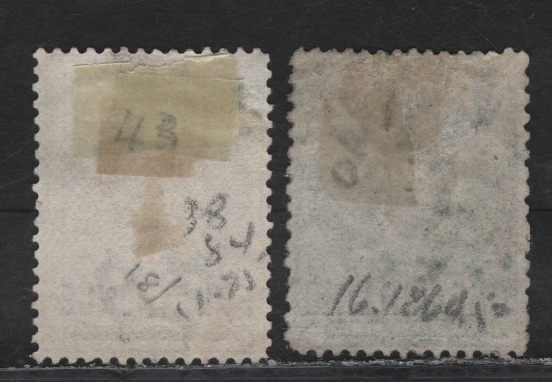 Lot 323 St Helena (C) SG#26, 43 1/- - 4d Green - Sepia Brown Queen Victoria, 1864-1894 Queen Victoria Courbould Head Issue, 2 Fine/Very Fine Used Singles, Crown CC & CA Wmks, Words Of Surcharge 16.5mm wide