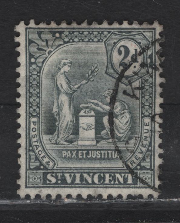 Lot 324 St. Vincent SG#104 2d Gray Badge of the Colony, 1909-1911 Badge of the Colony Issue, A Very Fine Used Single, Multiple Crown CA Wmk, The Cancel Makes The Perfs Look Short In Places, But They Are Not