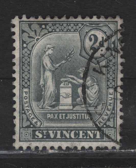 Lot 324 St. Vincent SG#104 2d Gray Badge of the Colony, 1909-1911 Badge of the Colony Issue, A Very Fine Used Single, Multiple Crown CA Wmk, The Cancel Makes The Perfs Look Short In Places, But They Are Not