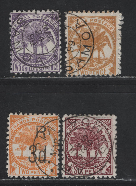 Lot 326 Samoa (C) SG#59c, 62, 64a, 76 2d - 3d on 2d Pale Ochre - Orange Palm Tree, 1886-1900 Palm Tree Keyplate Issue, 4 Fine/Very Fine Used Singles, Star & NZ Wmk