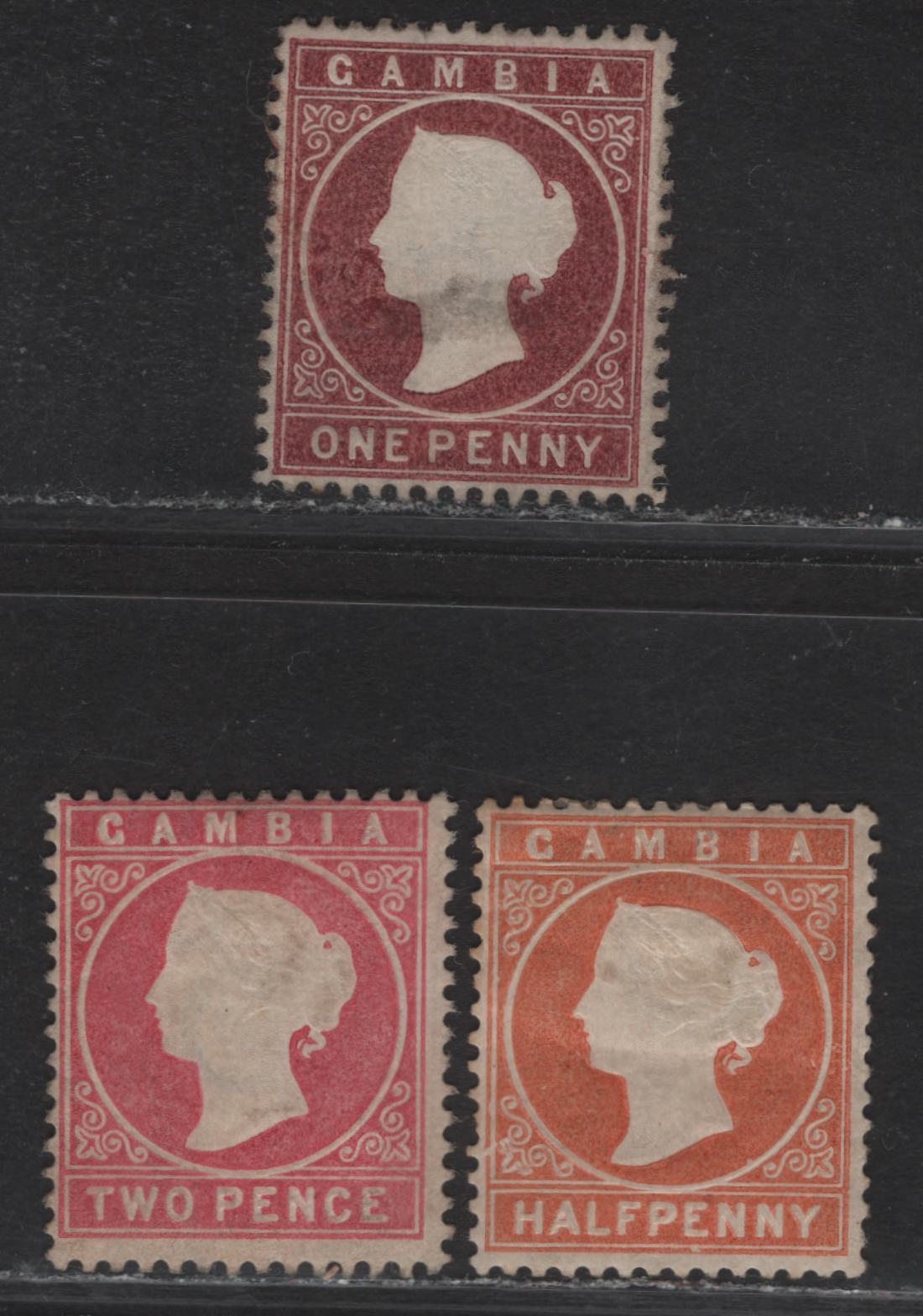 Lot 33 (C) Gambia SG#11B, 12B, 13B 1/2d, 1d, 2d Dull Orange, Maroon, Pale Rose Queen Victoria, 1880-1881 Queen Victoria Embossed Cameo Issue, 3 FOG/F/VF Unused Singles, Upright Crown CC Wmk
