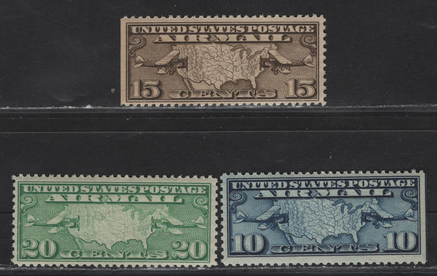 Lot 332 United States (C) SC#C7-C9 10c - 20c Blue - Green Airmail, 1926-1927 Airmail Issue, 3 VFNH Singles
