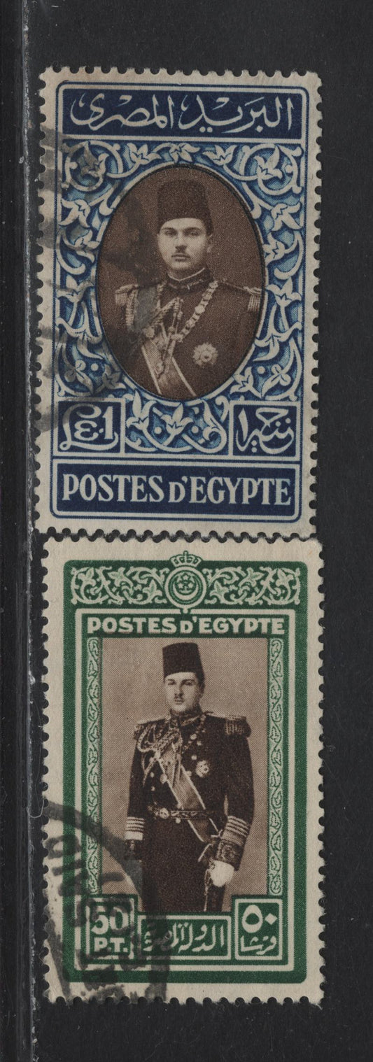 Lot 336 Egypt SC#239-240 50p - £1 Green & Sepia - Deep Blue & Dark Brown King Farouk, 1939-1946 King Farouk High Value Issues, 2 Very Fine Used Singles