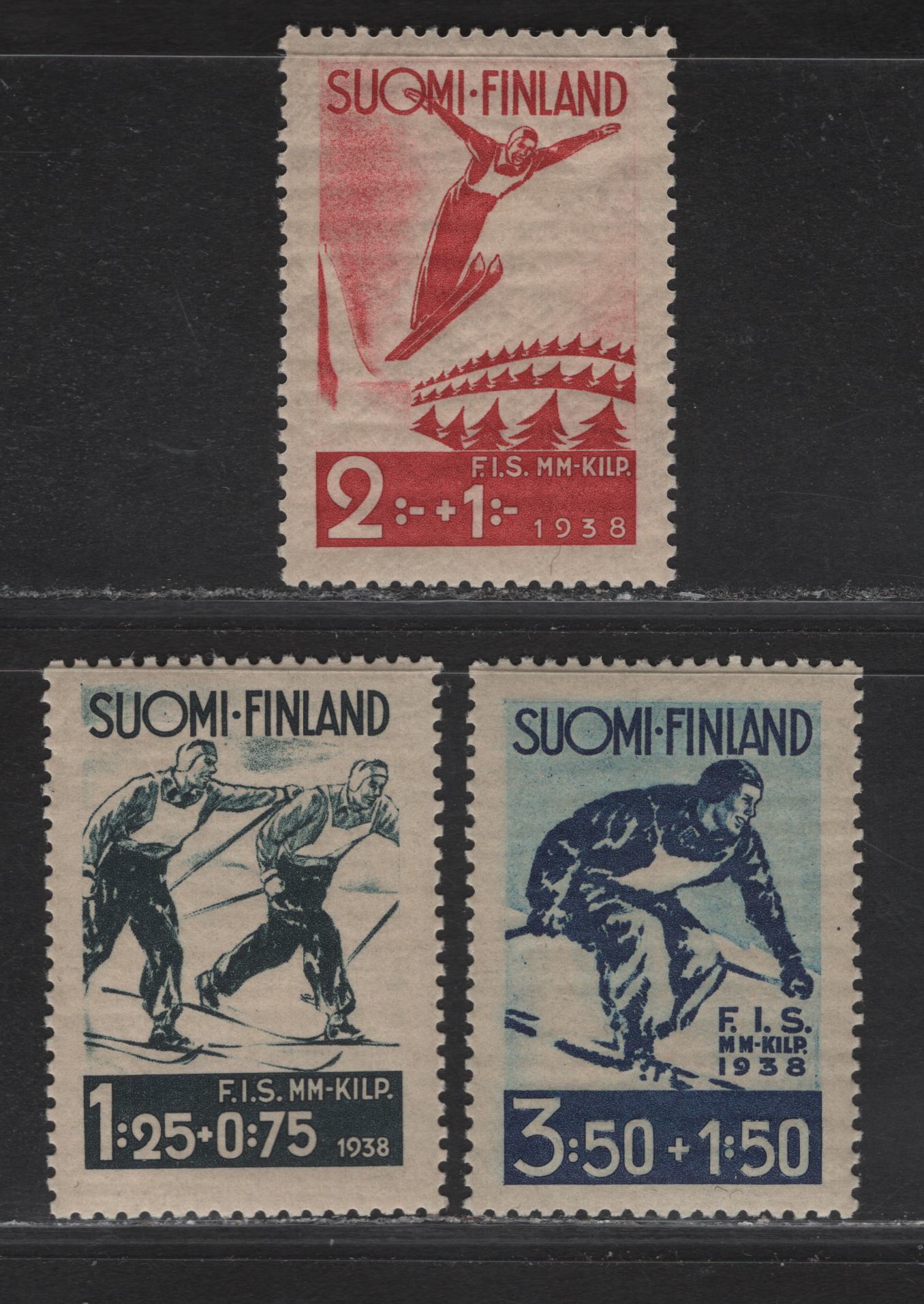 Lot 340 Finland SC#B31-B33 1.25m+75p - 3.5m+1.5m Slate Green - Dark Blue Skiing - Skier, 1938 Semi Postal Issue, 3 VFNH Singles