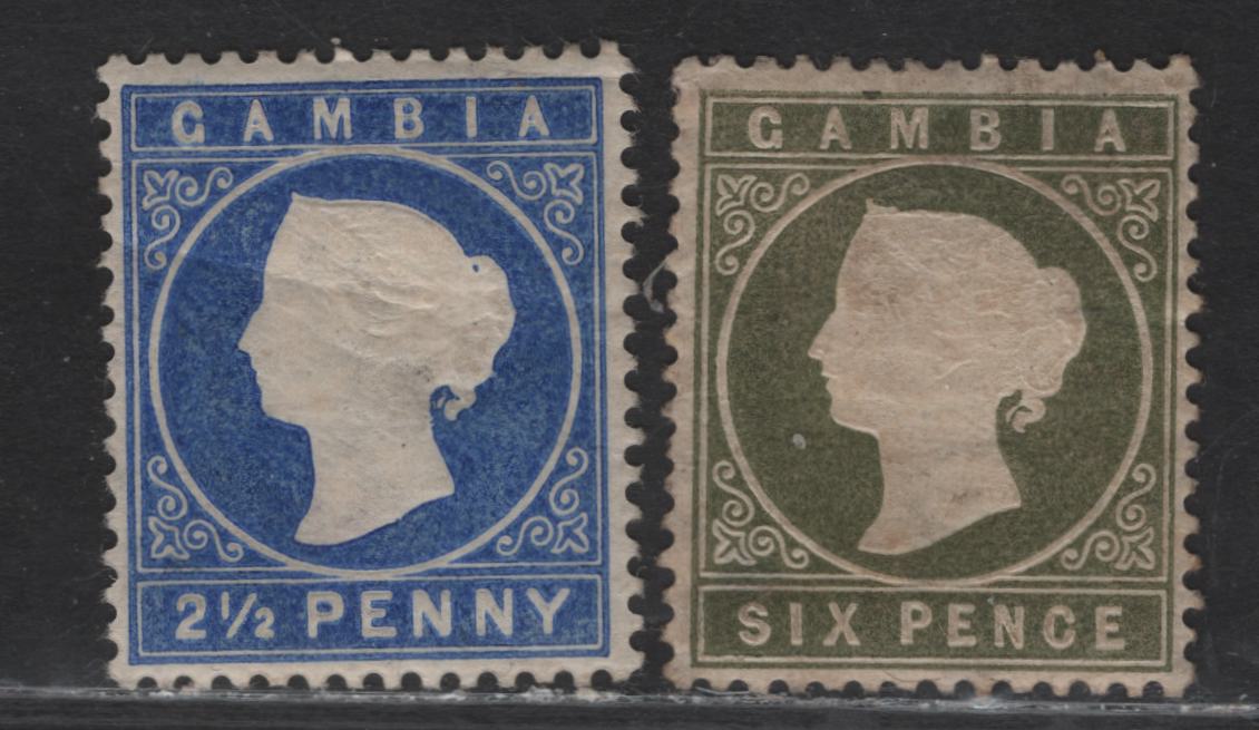 Lot 34 (C) Gambia SG#26, 32d 2.5d - 6d Ultramarine - Olive Green Queen Victoria, 1880-1881 Queen Victoria Embossed Cameo Issue, 2 VG/VFOG Singles, Sideways Crown CA Wmk