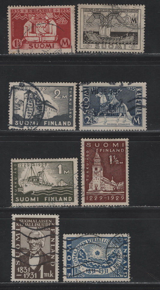 Lot 341 Finland SC#155-157, 180-181, 207-209 1m - 2.5m Olive Green - Blue S.S. Bore - Kullervo, 1929-1935 Founding oF Turku - Centenary of Publication of Kalevala Issues, 8 Fine/Very Fine Used Singles