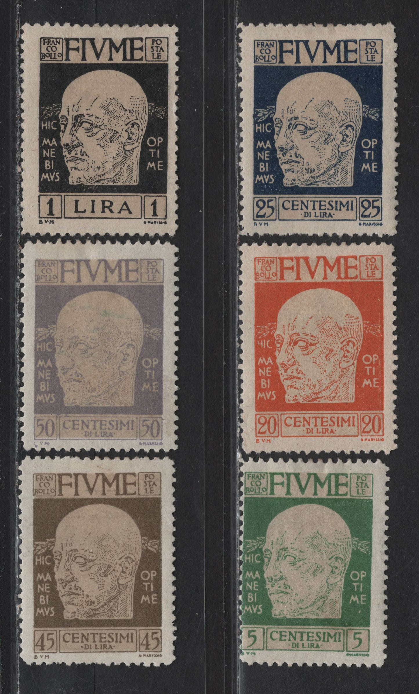Lot 342 Fiume SC#86, 89-90, 92, 93, 95 5c - 1b Green & Buff - Black & Buff Gabriele d'Annunzio, 1920 Gabriele d'Annunzio Issue, 6 F/VFOG Singles, These Are Genuine, As Verified On StampForgeries.com