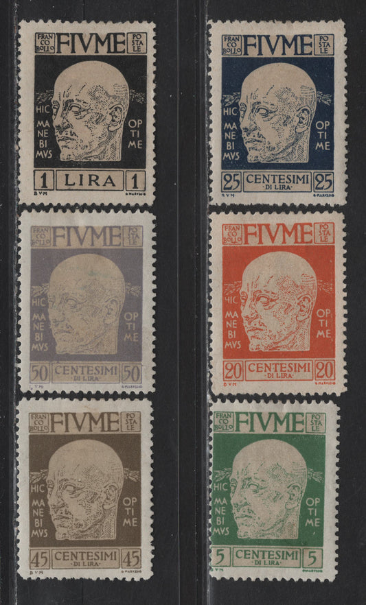 Lot 342 Fiume SC#86, 89-90, 92, 93, 95 5c - 1b Green & Buff - Black & Buff Gabriele d'Annunzio, 1920 Gabriele d'Annunzio Issue, 6 F/VFOG Singles, These Are Genuine, As Verified On StampForgeries.com
