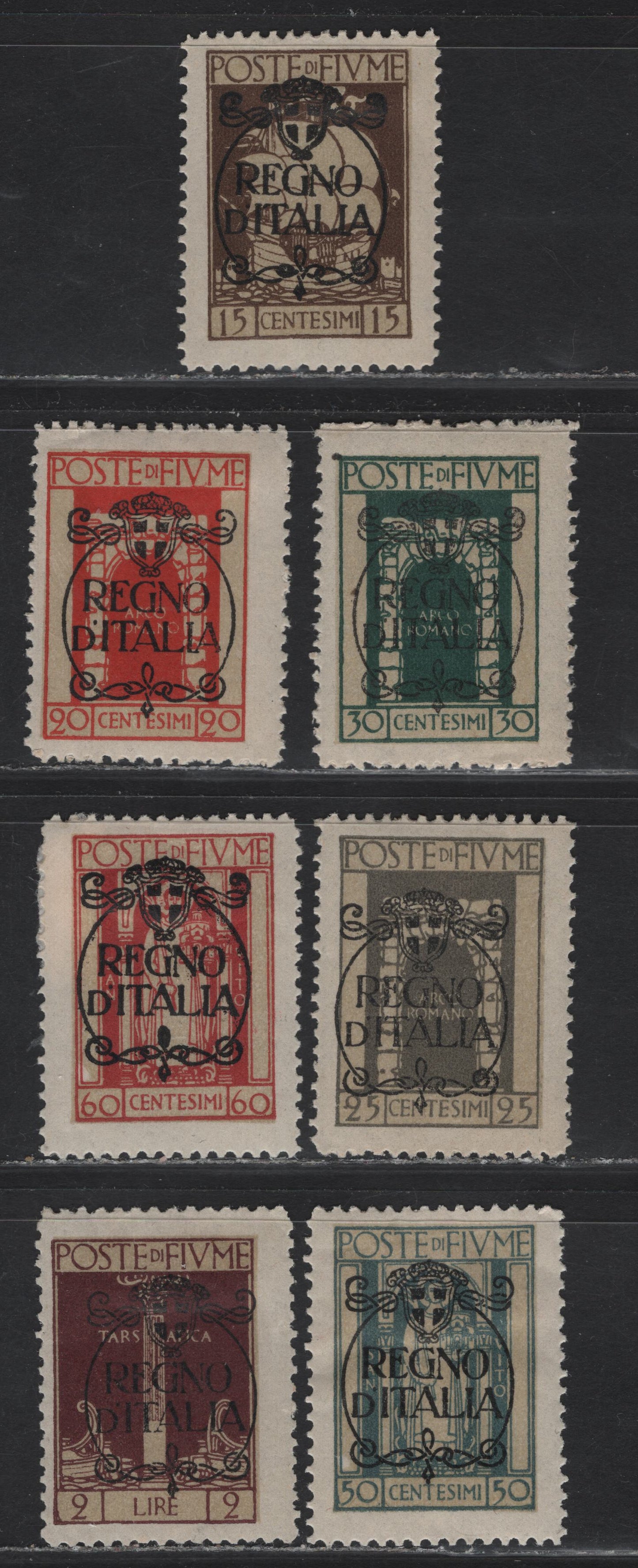 Lot 343 Fiume SC#186-191, 193 15c - 2l Brown & Buff - Violet Brown & Buff Venetian Ship - Rostral Column, 1924 Overprinted Issue, 7 F/VFOG Singles, Verified As Genuine, Using The Specific Characteristics Described On StampForgeries.com