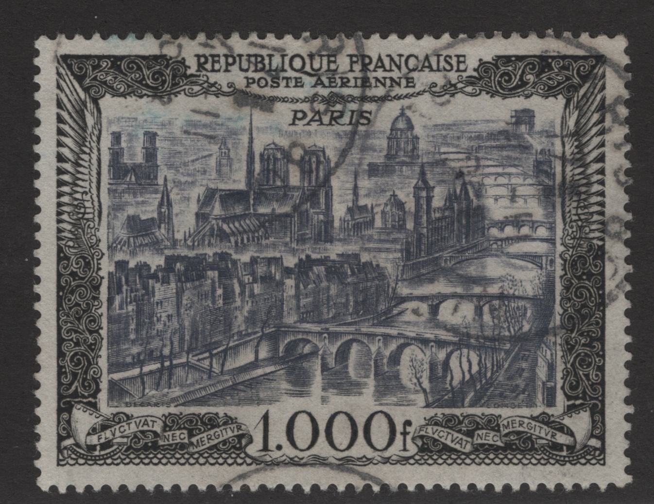Lot 348 France (C) SC#C27 1000fr Sepia & Black on Bluish Reconstruction, 1949-1950 Reconstruction Airmail Issue, A Very Fine Used Single