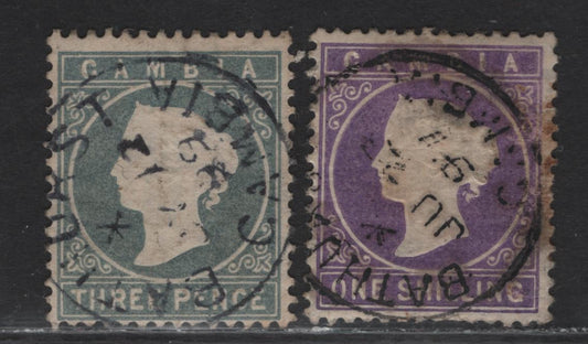 Lot 35 (C) Gambia SG#29, 35 3d - 1/- Gray - Violet Queen Victoria, 1886-1893 Queen Victoria Embossed Cameo Issue, 2 Fine Used Singles, Crown CA Wmk