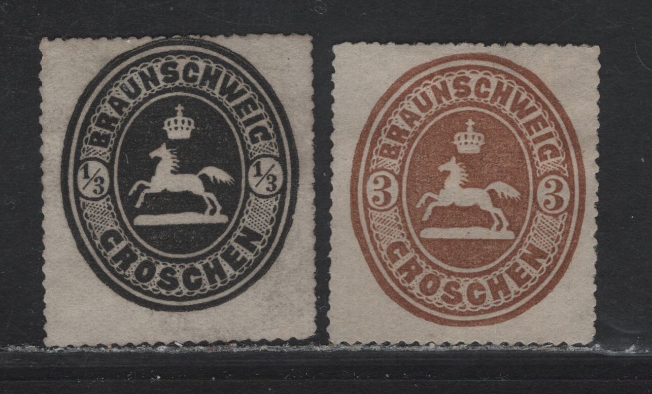 Lot 351 Germany - Brunswick SC#23, 26 1/3r - 3gr Black - Brown Saxon Horse, 1865 Embossed Saxon Horse Issue, 2 Fine Unused Single