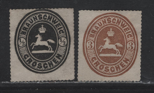 Lot 351 Germany - Brunswick SC#23, 26 1/3r - 3gr Black - Brown Saxon Horse, 1865 Embossed Saxon Horse Issue, 2 Fine Unused Single