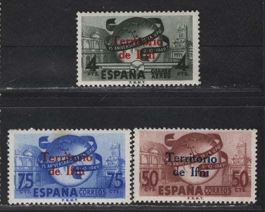 Lot 358 Ifni SC#33-34, C40 50c - 4pts Reddish Brown - Dark Olive UPU, 1949 75th Anniv of UPU Issue, 3 F/VFNH Singles, Minor Toning