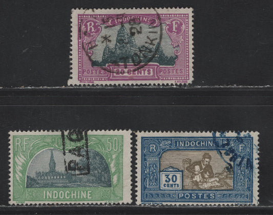 Lot 359 Indochina SC#132, 134, 136 20c - 50c Violet & Slate - Light Green & Slate Angkor Wat - That Luang Temple, 1927 Pictorial Issue, 3 Fine/Very Fine Used Singles, Paquebot Cancel On 50c